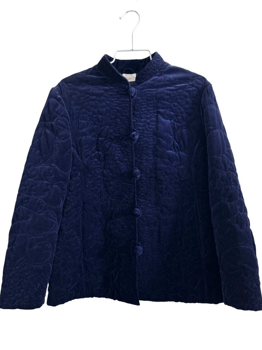 Women’s Navy Blue Quilted Velvet Mandarin Collar Knot Button Jacket Size Large